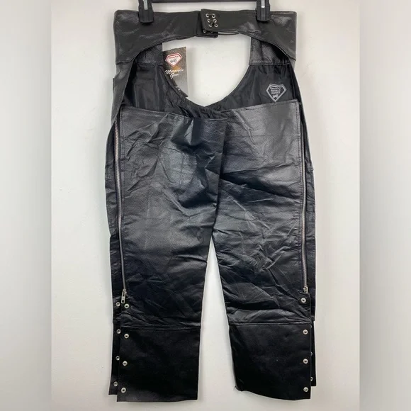 Diamond Plate Buffalo Leather size XL Black Leather Motorcycle Biker Chaps - Picture 5 of 10